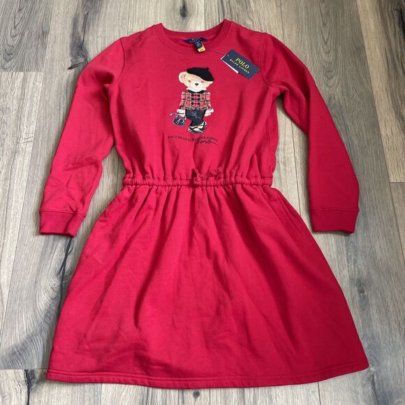 NEW Ralph Lauren Girls 12/14 Polo Bear Knit Sweater Dress Red Fleece Christmas - Picture 2 of 11